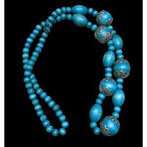 Vintage Bohemian Blue Wooden Beaded Necklace With Ornate Silver Tone Accents
